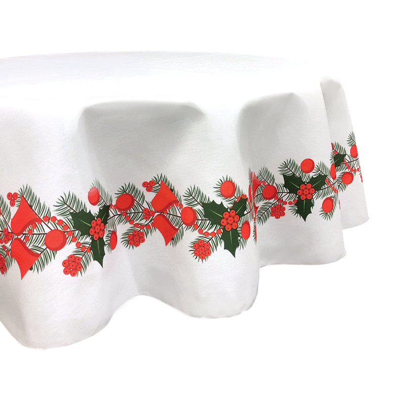 Orissa Floral Round Christmas Tablecloth, 90" L x 90" W, Christmas Holly and Bells Garland