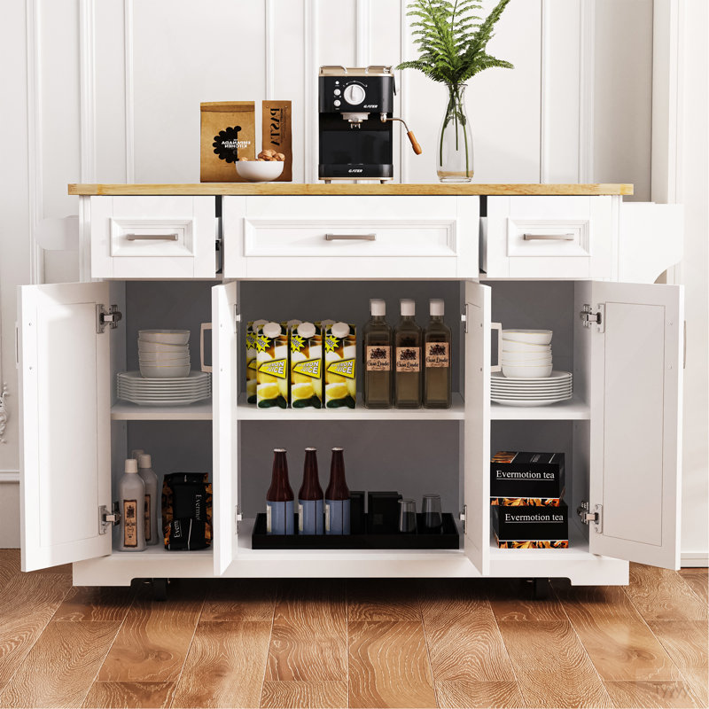 54Inch Large Kitchen Island With Rubber Wood Drop Leaf, Embossed Texture Rolling Kitchen Cart On 4 Wheels With 4 Doors And 3 Drawers, Kitchen Island With Storage For Kitchen, Dining Room,White