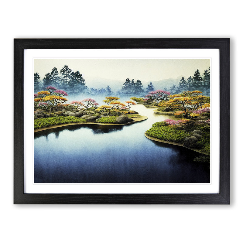 Watercolour Japanese Garden Pond Vol.2 - Single Picture Frame Print, Black, 46cm H x 64cm W x 2cm D