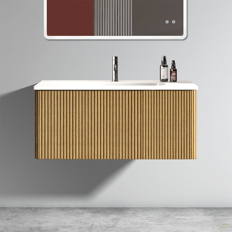 Meuble-lavabo rayé avec lavabo en céramique, meuble-lavabo mural flottant pour salle de bain moderne, pré-assemblé, Chêne