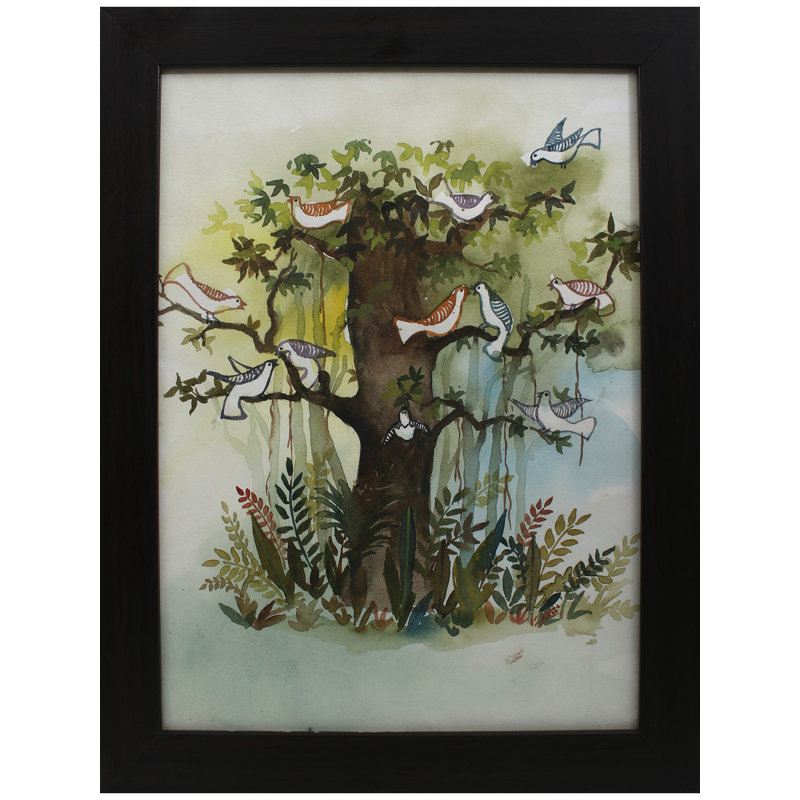 Oiseaux sur un arbre | Aquarelle sur cartouche | Par Deepa Kushwaha | Avec cadre