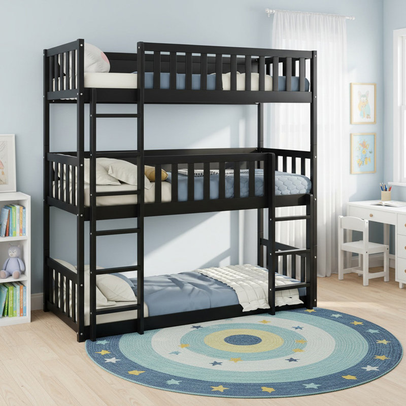 Lit superposé triple en bois massif avec échelles, lit superposé simple au-dessus d'un lit simple pour garçons et filles