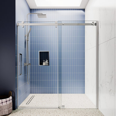 Portes de douche coulissantes en verre simple sans cadre l 68 "- 72" x H 75 "| Verre trempé transparent 3/8 po | Étanche | Quincaillerie en acier inoxydable durable | Ajustement des murs inégaux