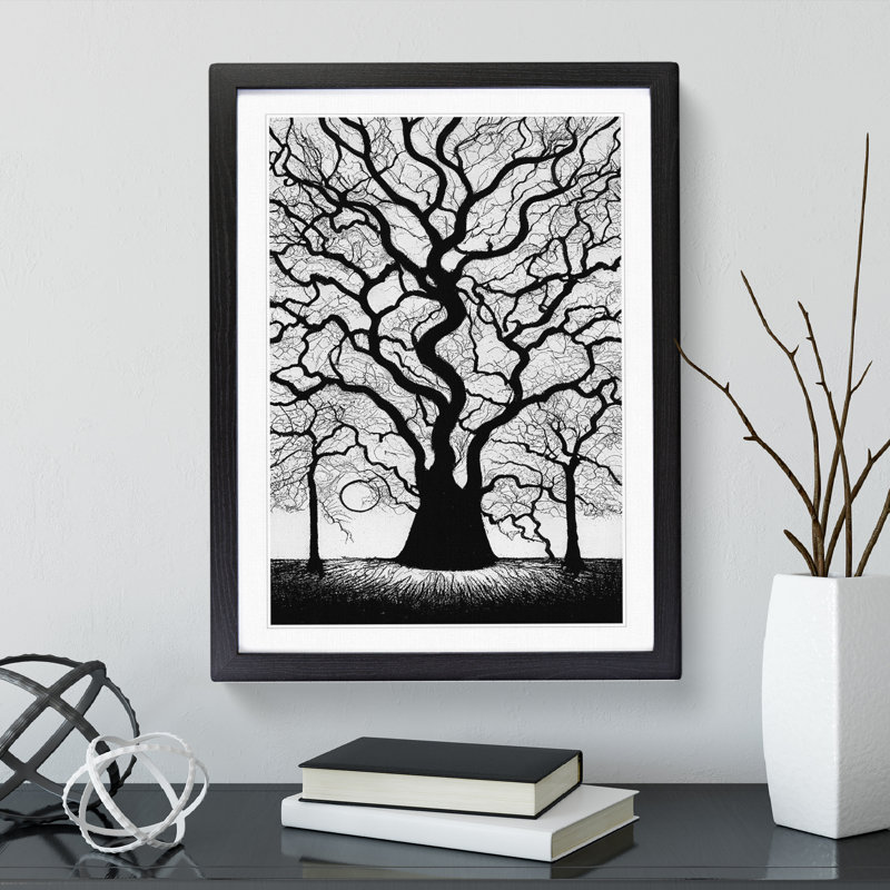 Monochrome Tree Art No.2 - Single Picture Frame Print, Black Framed, 64cm H x 46cm W x 2cm D