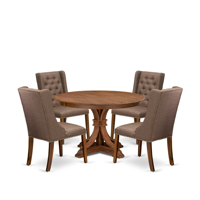 Ensemble de table de salle à manger 5 pièces comprenant une table et 4 chaises de cuisine en lin brun avec dossier capitonné, noyer antique