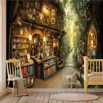 Papier peint adhésif de bibliothèque excentrique «Peel and Stick» de Fantasy Forest, art mural auto-adhésif et amovible