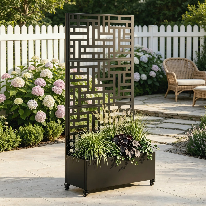 Lit de jardin surélevé en métal avec treillis et roues, pot à fleurs avec drainage pour plantes grimpantes