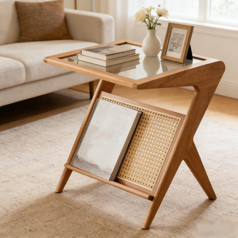 Table d'appoint en bambou en forme de Z avec plateau en verre trempé et tablette de rangement en L Boho