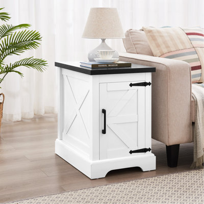 Table de bout Farmhouse avec porte de grange et table de chevet rustique avec tablette de rangement pour le salon ou la chambre à coucher
