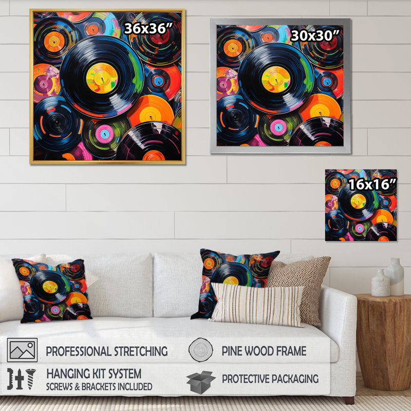 Colourful Vinyle Disques Melody II - Vinyle, reproduction sur toile encadrée, H 24 po x l 24 po x P 1 po, Cadre flottant noir