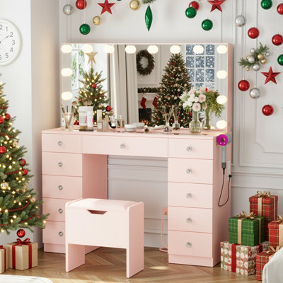 Greyden Vanity With 11 Drawers & Lighting Bulbs, Storage Stool & 10X Magnifying Mirror