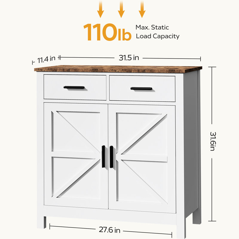 White Sideboard Buffet Cabinet For Kitchen - 2 Drawers And Doors Storage With Slide Rails Fits Living Room, Dining Bathroom Modern Design Entryway Coffee Beans Sundries