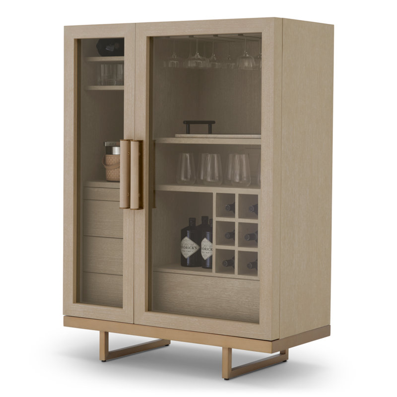 Connaught Solid Wood Bar Cabinet, Washed Oak/Brushed Brass