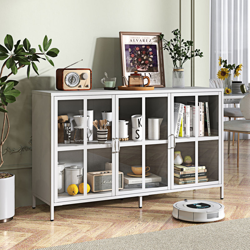 55.1'' Sideboard Buffet Table Dining Cabinet With Tempered Glass Doors Office Credenza, White