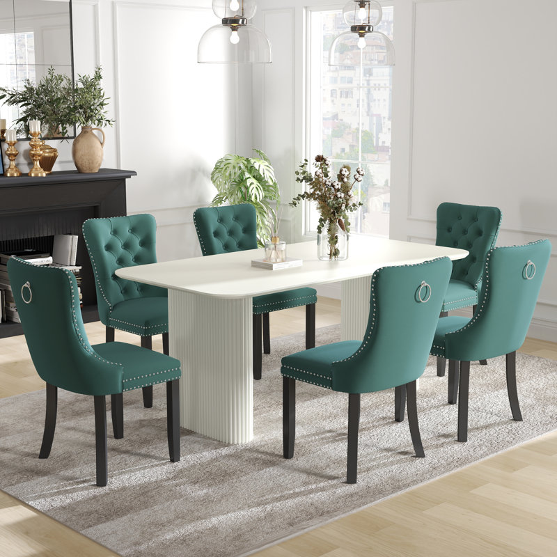 Ensemble de salle à manger rectangulaire à double piédestal avec table de salle à manger de style crème, 7, Blanc, Vert