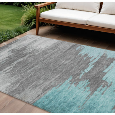 Tapis d'extérieur lavable abstrait bleu sarcelle 10 pi x 14 pi bleu et gris