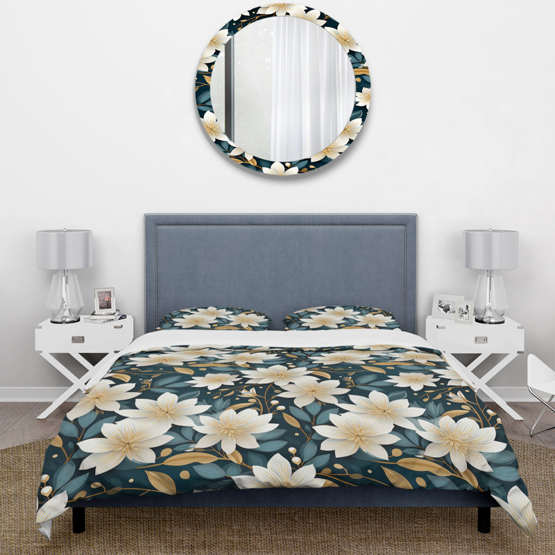 White Zen Floral Lotus Tranquility II - Ensemble de housse de couette à motif floral