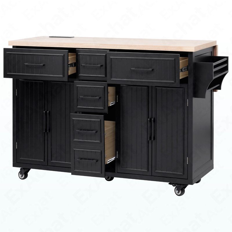 56.5'' Kitchen Island With Drop Leaf, Power Outlet, Embossed Vertical Stripe Rolling Kitchen Cart On Wheels With 4 Doors , 5 Deep Drawers And Adjustable Shelves, For Kitchen, Dining Room, Black