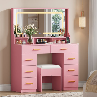 Ensemble de meuble-lavabo moderne avec miroir à DEL et 8 tiroirs avec dessus en verre et prise de courant USB