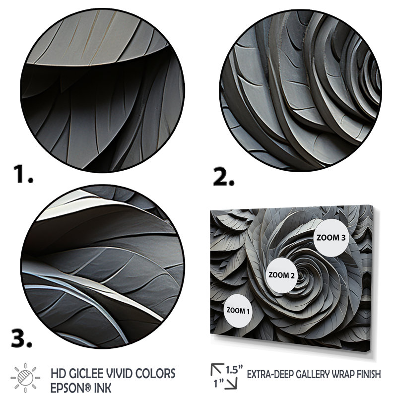 «Grey Spiraling Abstrract Flowers», art mural abstrait en spirale, Cadre flottant noir, H 12 po x l 20 po x P 1 po