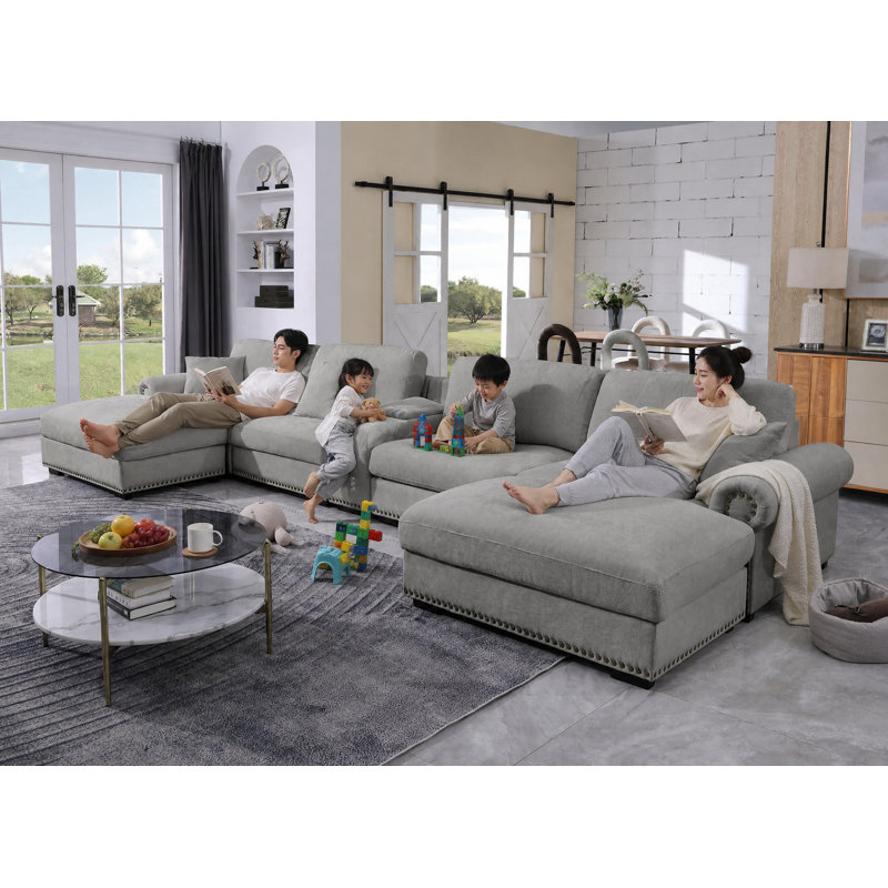 7 - Piece 179.86" U Shape Sectional Sofa Cloud Couch With Removable Ottomans & Cup Holder, USB & Type-C Charging Ports