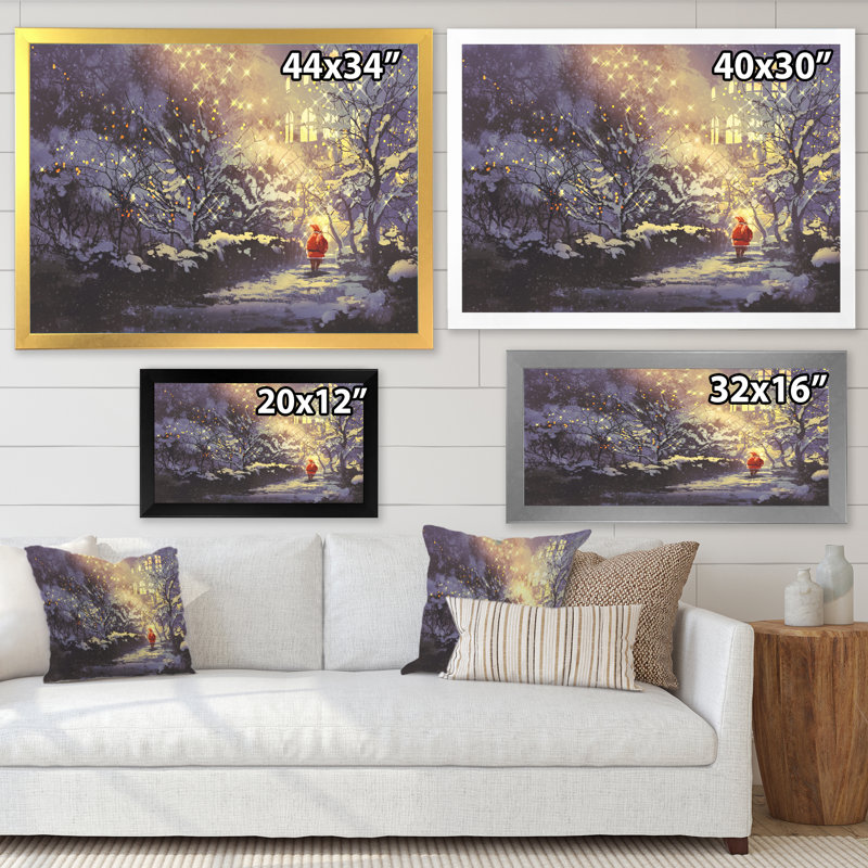 Père Noël en hiver enneigé - œuvre d'art moderne sur toile, Cadre photo noir, H 8 po x l 12 po x P 1 po