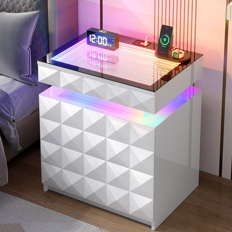 50cm W Bedside Table with 3D Mirror Abyss and Sensor RGB Lighting, 2-Drawer Bedside Table with Hidden Storage And Lockable