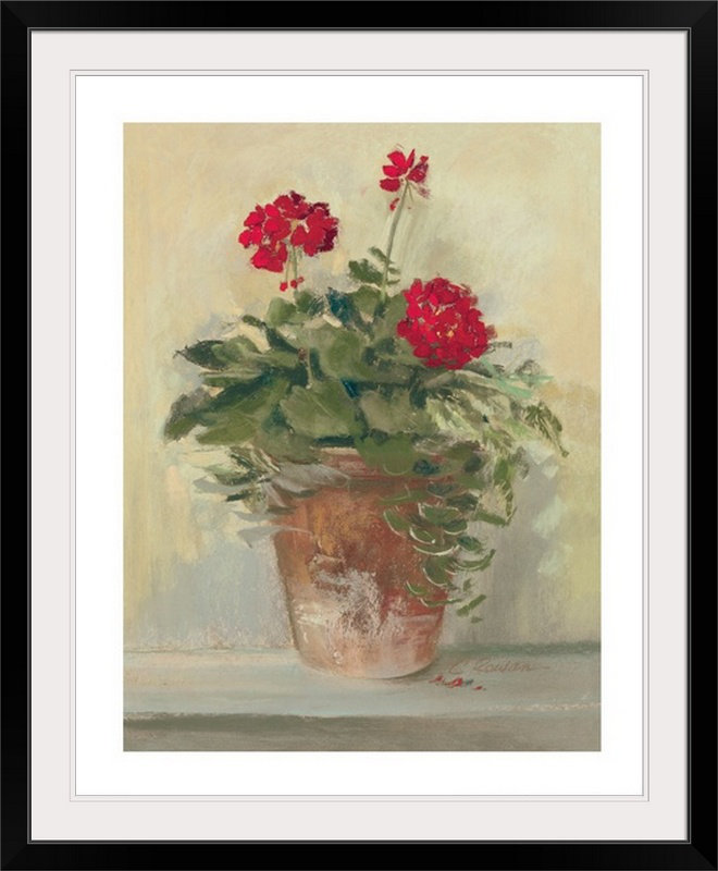 «Pots de géraniums II», reproduction, H 23 po x l 20 po x P 1 po, Cadre noir