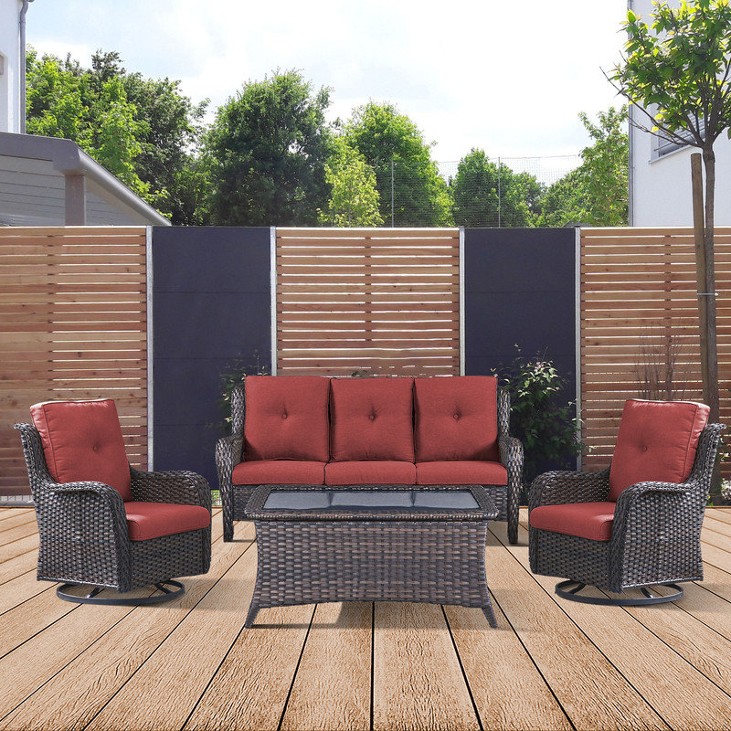 Avimael Wicker - Person Patio Conversation Set with Cushions, Red, Brown