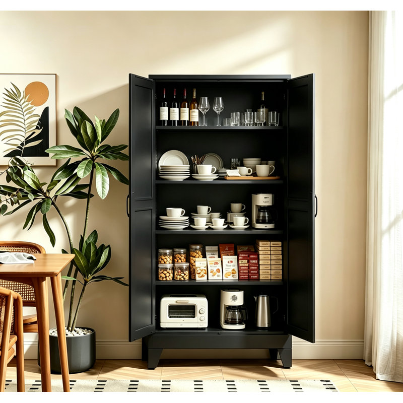 Armoire de rangement en métal de 71 po de hauteur avec 2 portes et 4 tablettes réglables (noire), Noir, LG, Porte en métal
