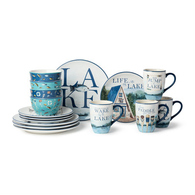Wake at the Lake 16-Piece Ceramic Dinnerware Set – Rustic Lakeside-Inspired Plates, Bowls & Mugs – Durable, Microwave & Dishwasher Safe Tableware for Cozy Cabin & Waterfront Dining
