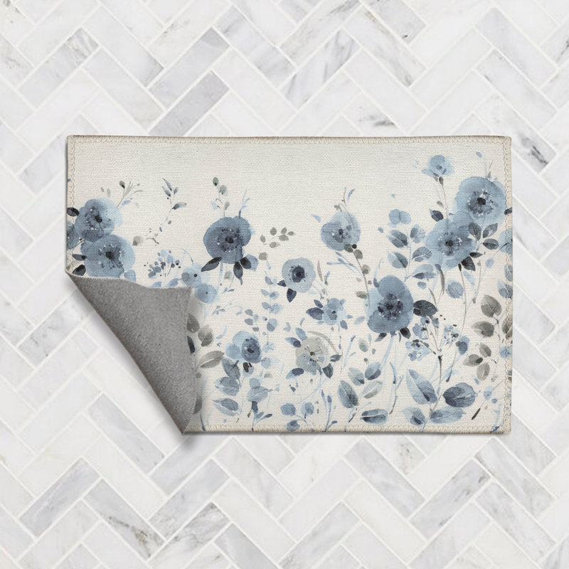 Dancing Flowers Floral Power Loom Chenille Area Rug in Blue/White, Rectangle 3' x 5'