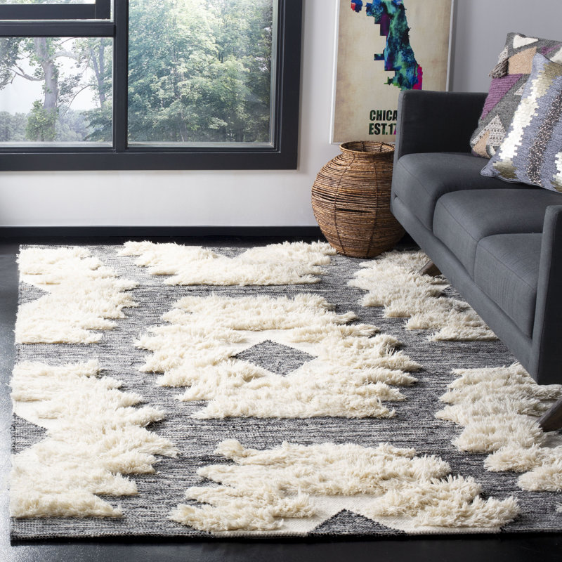 Tapis géométrique noir / ivoire en laine tissé à la main Inelda, Rectangle 8 pi x 10 pi