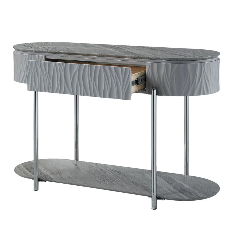 Table grise et brillante avec espace de rangement en métal