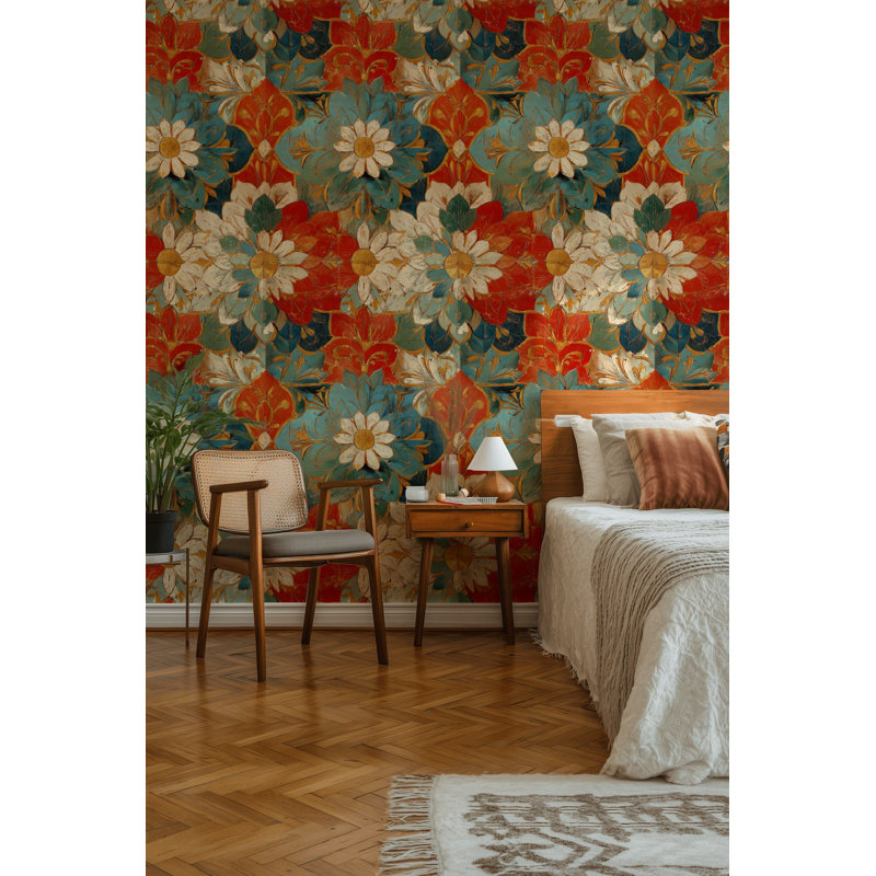 Papier peint floral, décoration murale amovible pelez et collez rétro