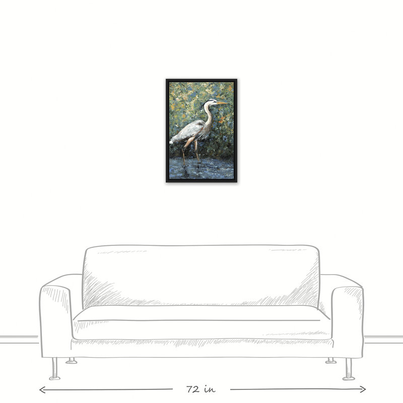 « héron », impression sur toile tendue, H 24 po x l 16 po, Cadre noir