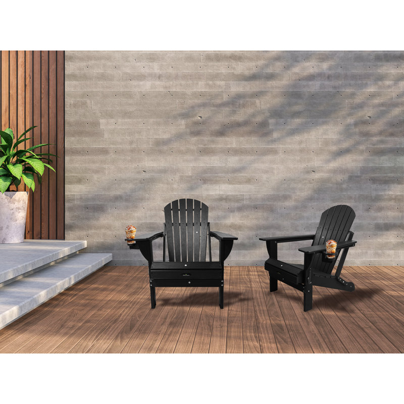 Folding Adirondack Chair, Wooden Textured Plastic Adirondack Chairs with Cup Holder, Weather Resistant HDPE Fire Pit Chair, Outdoor Patio Chairs for Garden, Backyard, Lawn, Deck, 380LBS