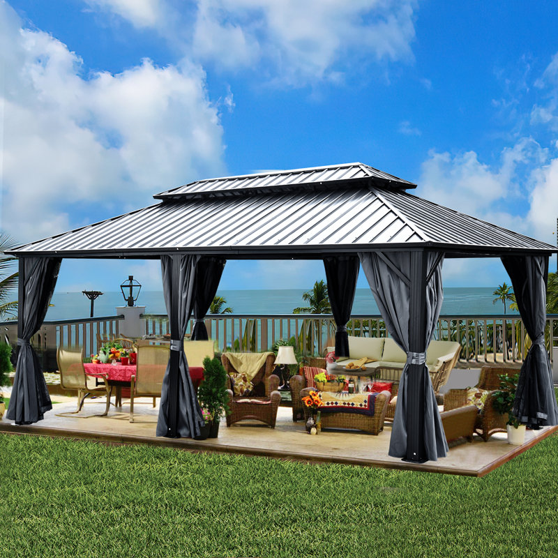 Outdoor Metal Hardtop Patio Gazebo with Privacy Curtain and Mosquito Netting, 20 ft x 12 ft