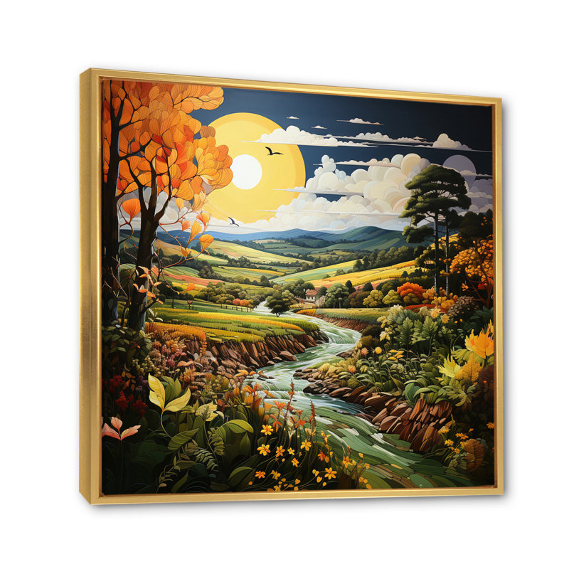" Countryside Pastoral Patchwork II ", 30" H x 30" W x 1" D, Gold Floater Framed
