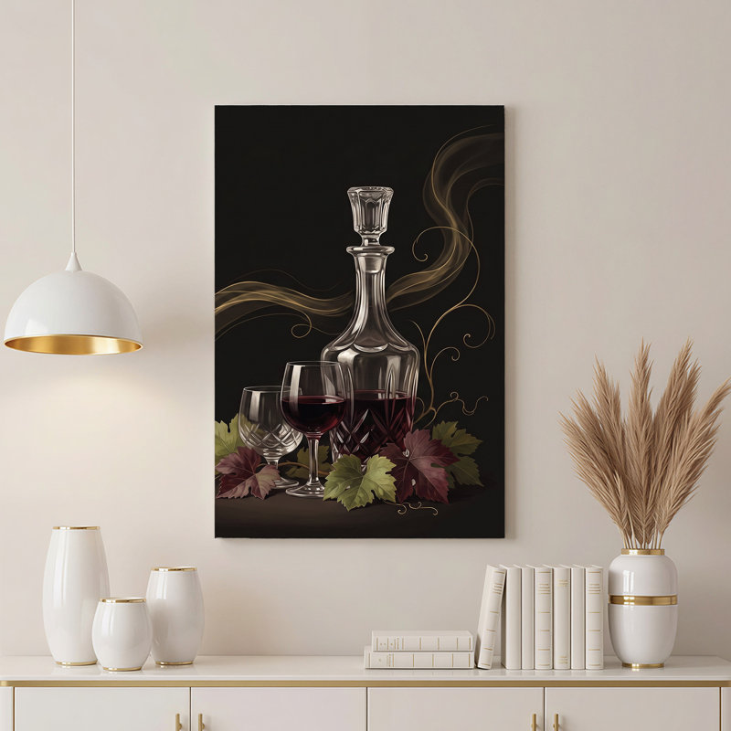 Carafe en cristal et verres avec feuilles de raisin sur toile noire, 30"H x 20"W