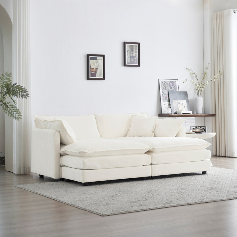 Canapés modulaires | Ensemble de cinéma maison modulaire 4 pièces pour salon avec repose-pieds | Chenille / blanc neige