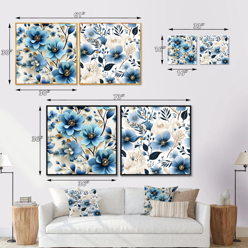 Crawfordville - Ensemble de 2 collages floraux carrés, Cadre flottant brun, H 36 po x l 73 po