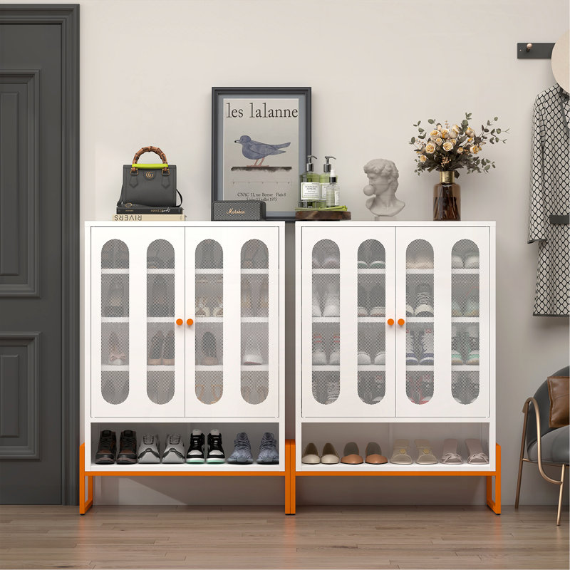 Modern Minimalist Double Door Shoe Cabinet With Adjustable Mesh Doors And High Foot Hollow Storage Cabinet Bottom, Compatible With Robotic Vacuum Cleaners