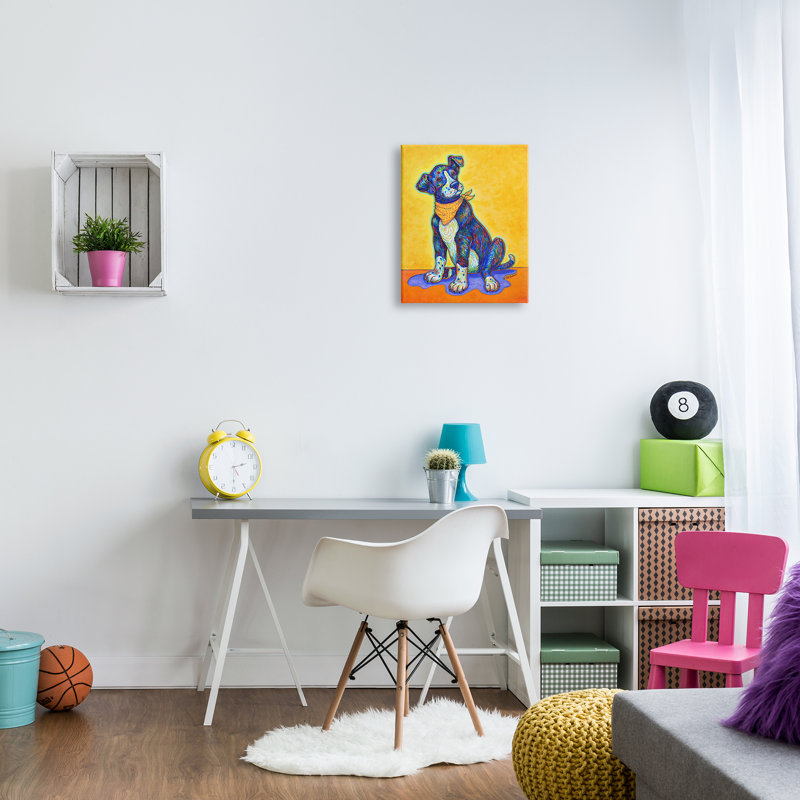 «Blue and Yellow Abstract Dog», art mural par Pat Cockrell, H 20 po x l 16 po x P 1,5 po