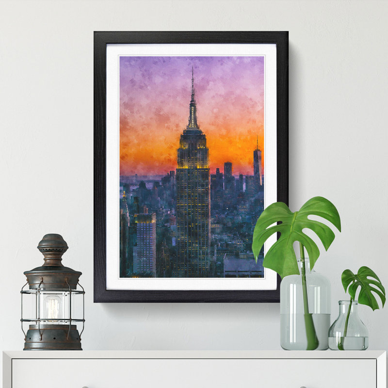 Empire State Building Sunset Framed Print, 33cm H x 24cm W x 2cm D, Black Framed