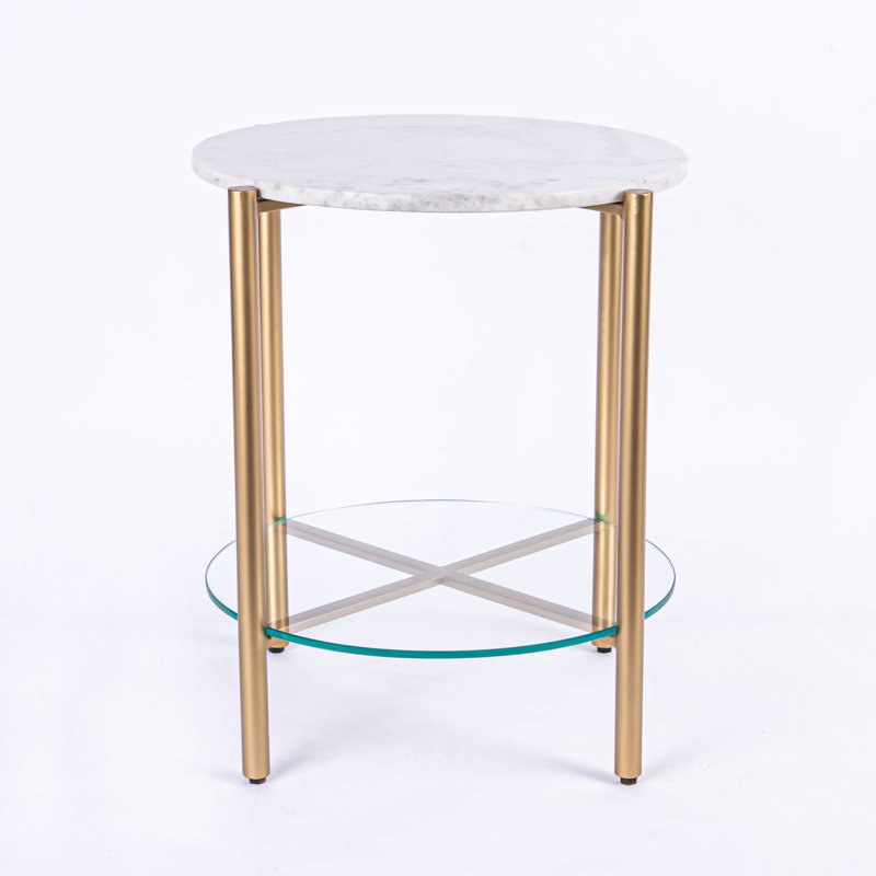 Table de bout avec rangement en marbre et verre Ansted, Or, Blanc