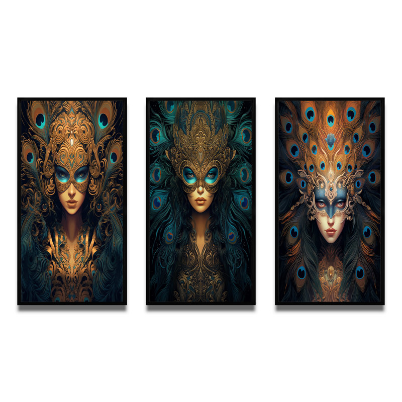 «Peacock Feather Mysterious Goddess», 3 pièces sur toile, H 28 po x l 36 po, Cadre noir