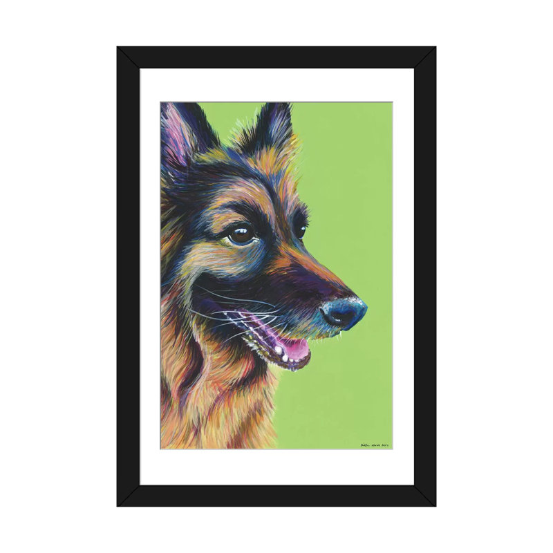 «German Shepherd On Lime» par Kirstin Wood, impression sur toile, H 24 po x l 16 po x P 1 po, Papier avec cadre noir, Blanc