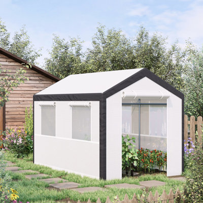 Serre 10 pi x 7 pi, jardin chaud pour l'extérieur avec 2 portes à fermeture à glissière, 4 fenêtres et couvercle, blanc