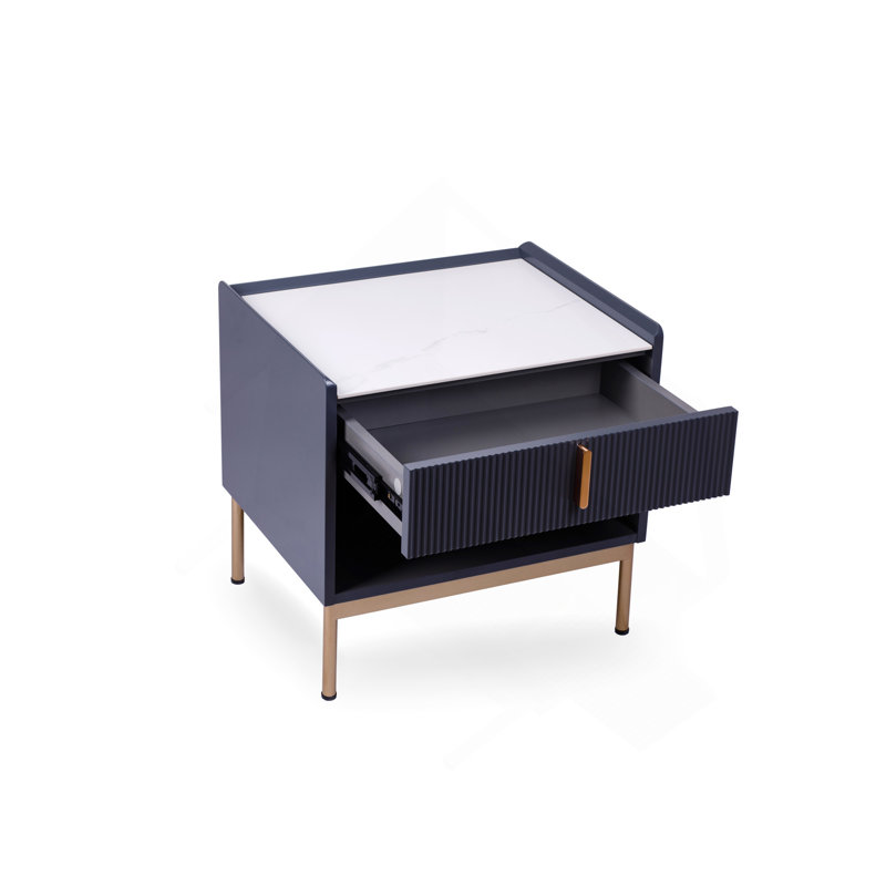 Table de bout, plateau de table moderne blanc / gris ou table de chevet et cadre doré